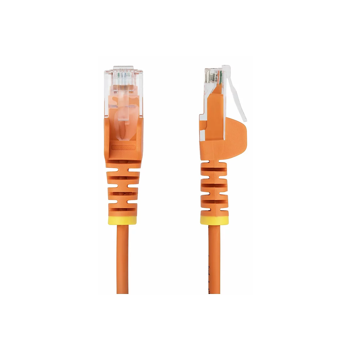 Zwei orangefarbene Netzwerkkabel-Stecker vor weißem Hintergrund. Der Stecker ist transparent und zeigt die internen Drähte.
