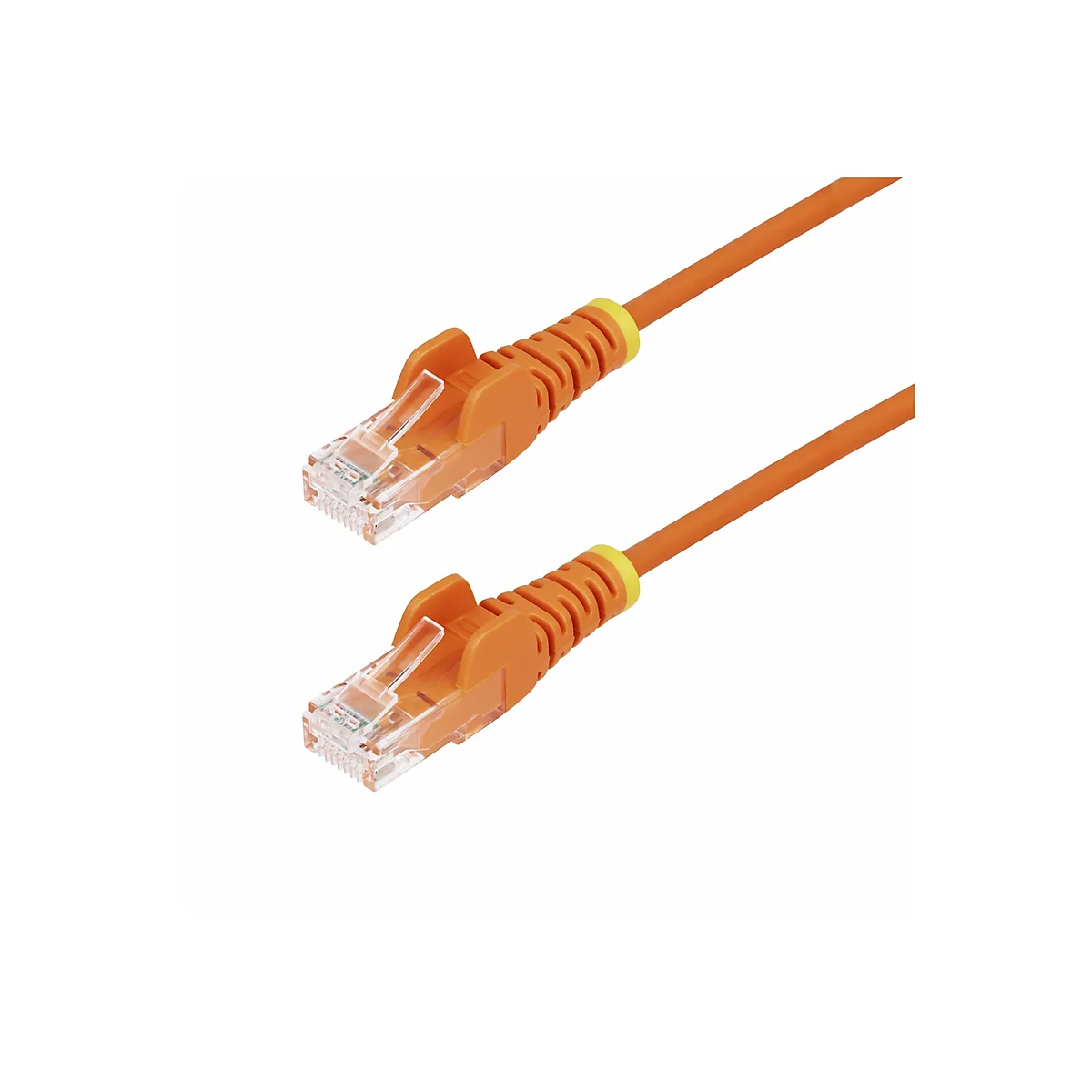 Zwei orangefarbene Netzwerkkabel-Stecker. Die Kabel verlaufen diagonal über einen weißen Hintergrund.