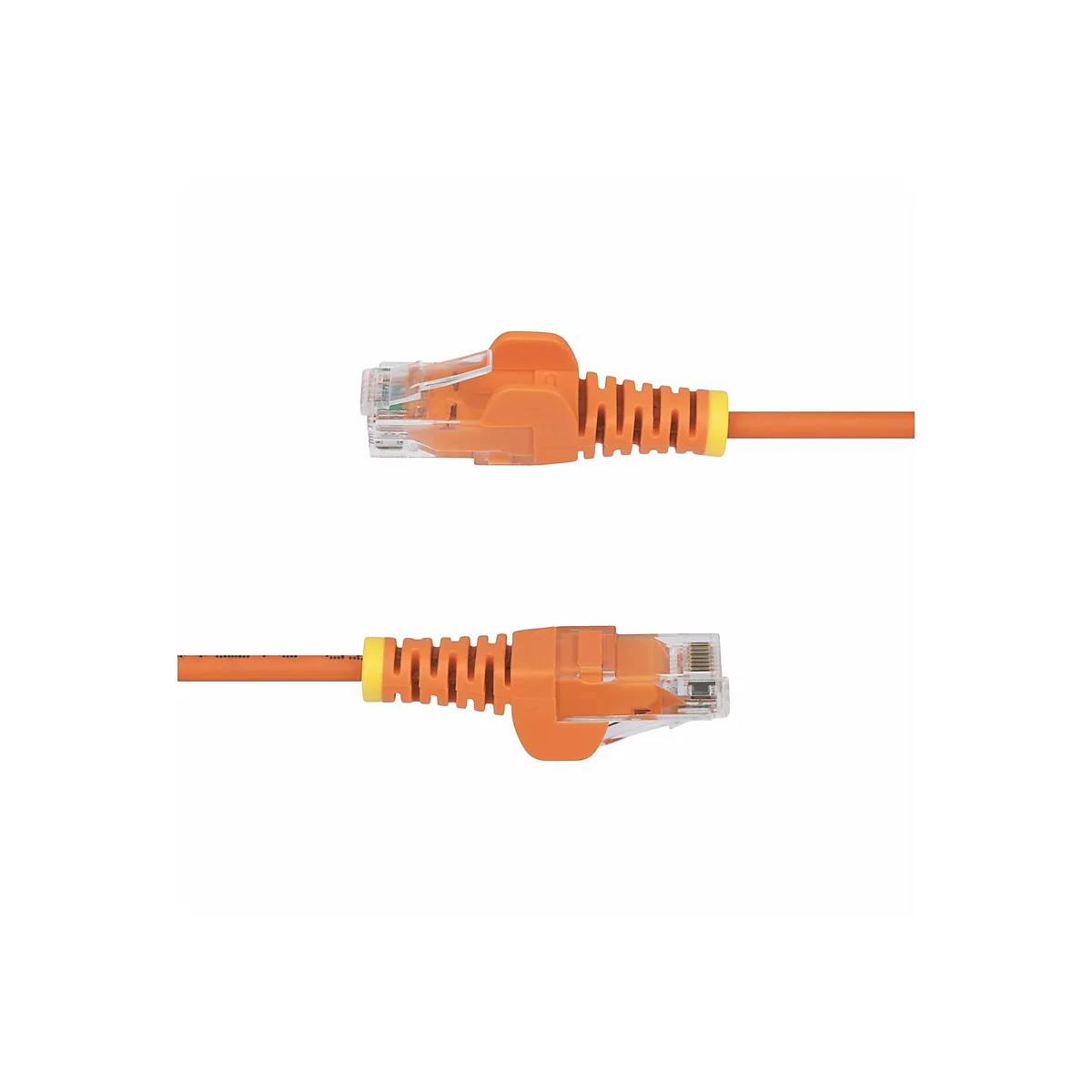 Zwei orangefarbene Netzwerkkabel-Stecker auf weißem Grund. Stecker mit transparenten Anschlüssen und gelben Akzenten.