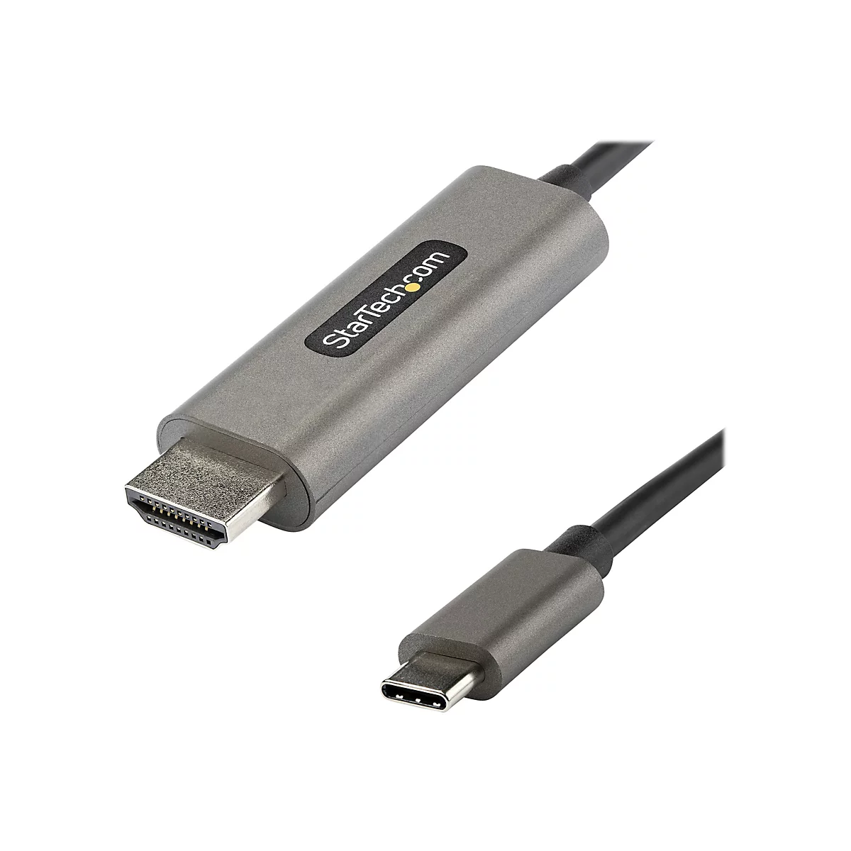 Ein HDMI-auf-USB-C-Adapterkabel vor weißem Hintergrund. Der Adapter hat das Startech.com Logo.