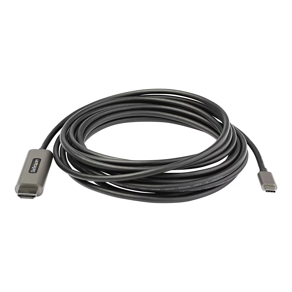 Graues HDMI-Kabel, gerollt. Ein Ende ist ein HDMI-Stecker, das andere ein USB-C-Stecker. Auf dem Stecker steht Startech.com.