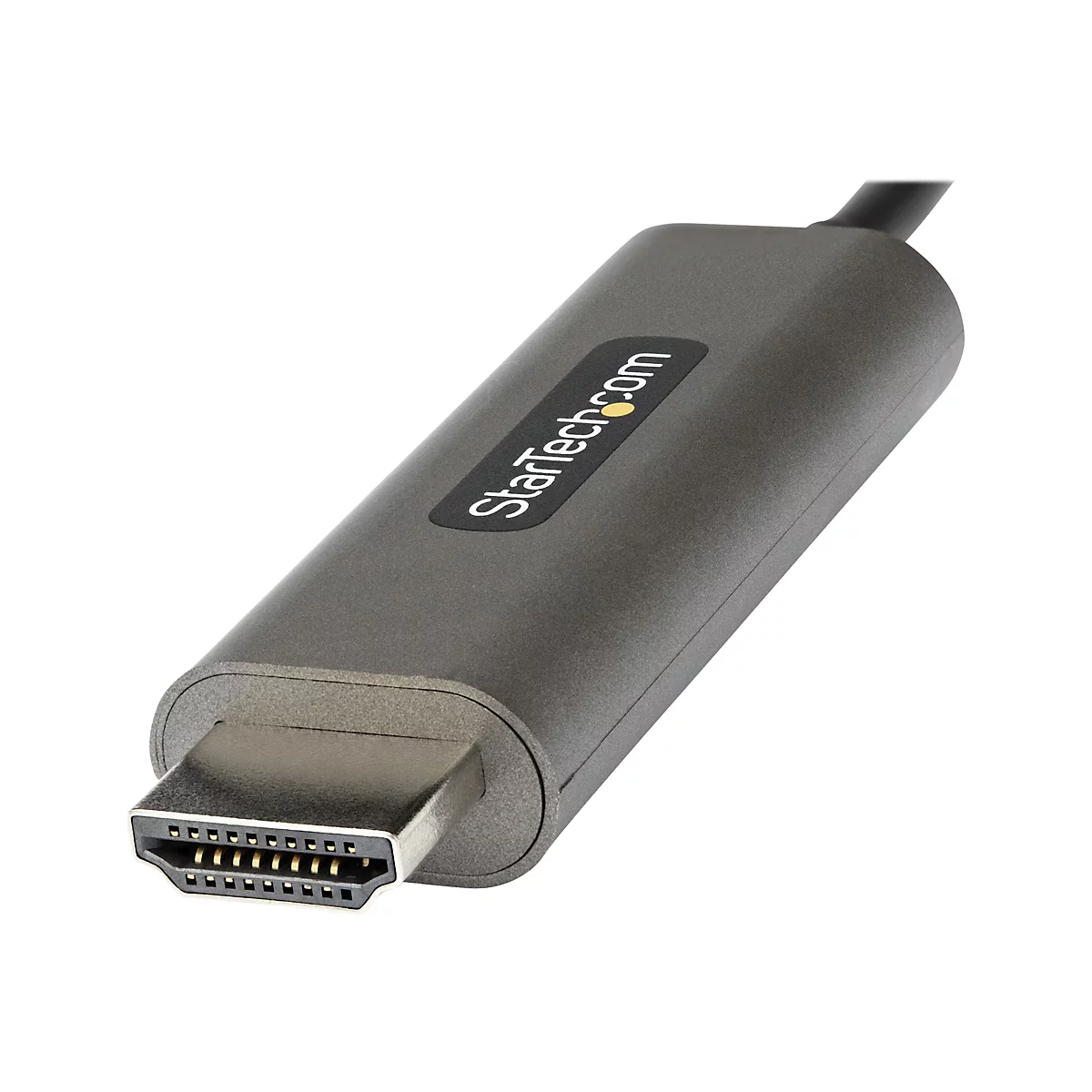 Ein HDMI-Kabel mit grauer Ummantelung. Auf der Oberfläche ist der Schriftzug StarTech.com zu sehen.