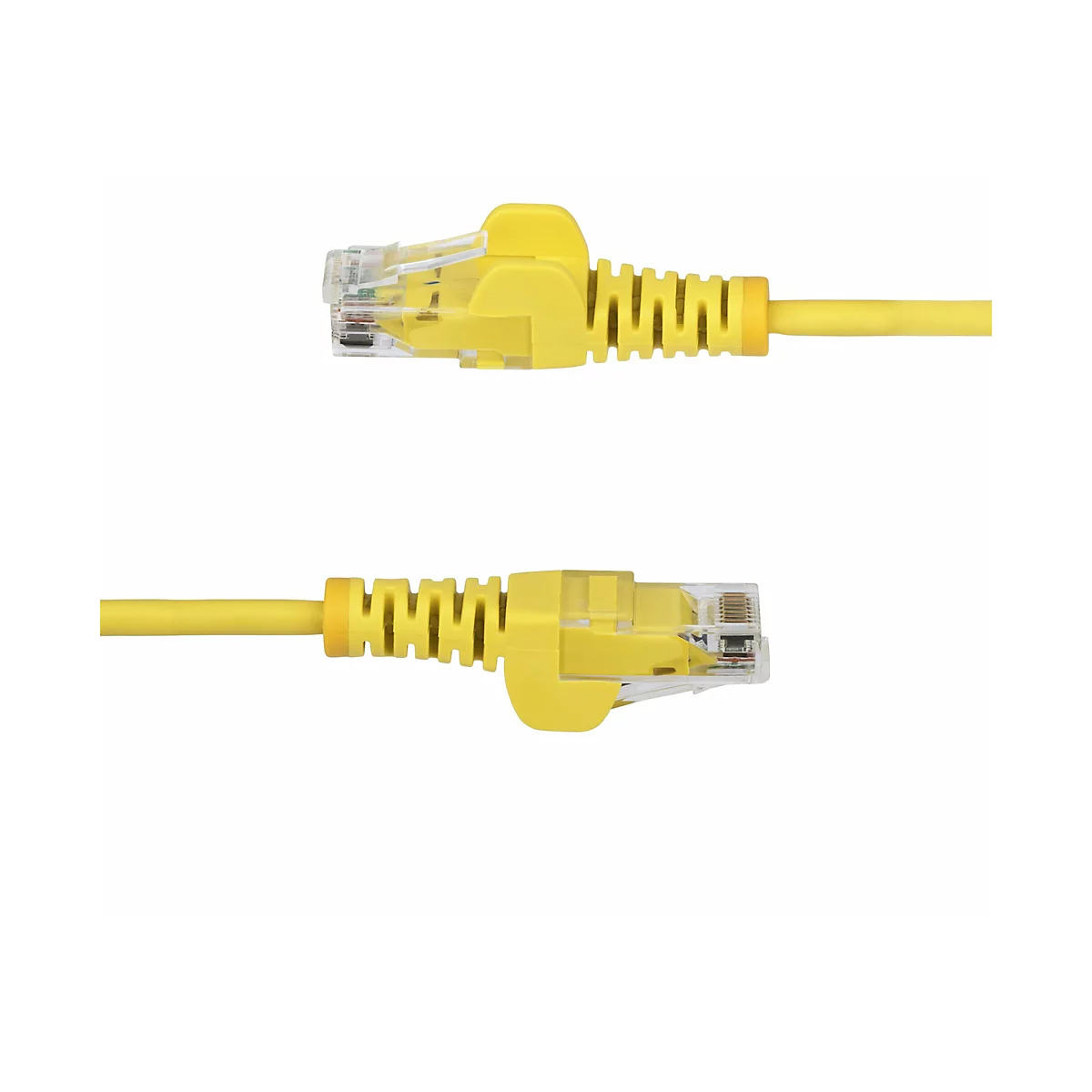 Zwei gelbe Netzwerkkabel mit Steckern vor weißem Hintergrund. Die Stecker sind transparent und zeigen die Innenstruktur. Kabel und Stecker sind detailreich dargestellt.