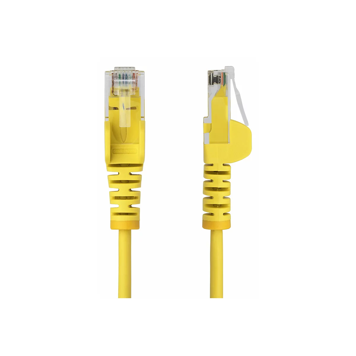 Zwei gelbe Netzwerkkabel-Stecker im Detail. Die Stecker sind aus Kunststoff und haben eine transparente Schutzkappe. Im Bild ist das Logo StarTech.com zu sehen.