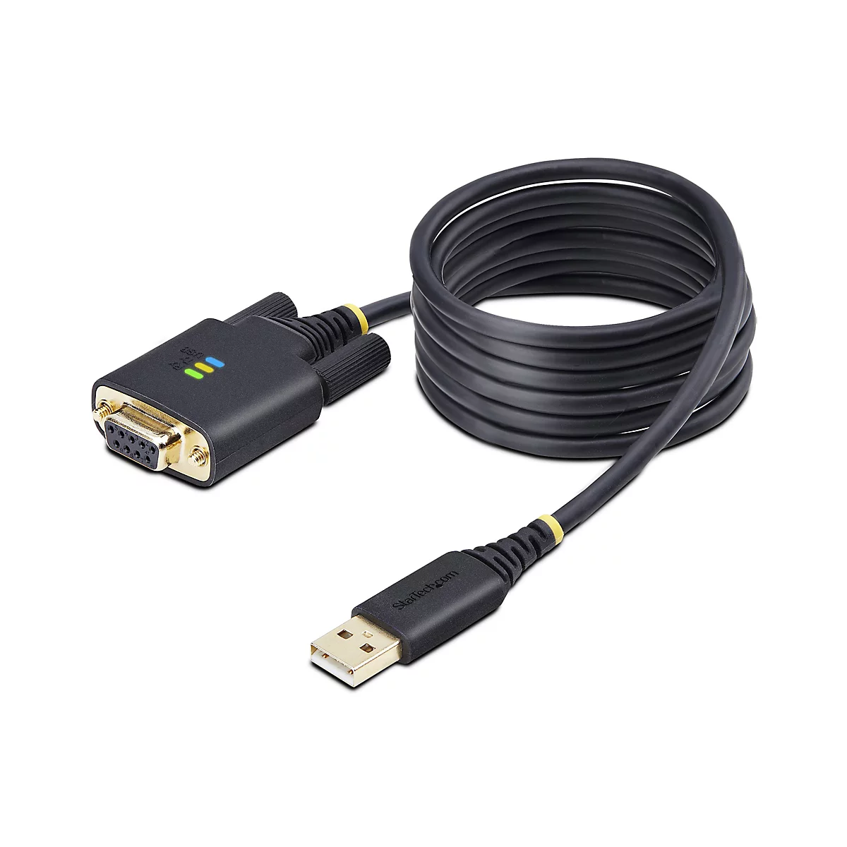 Ein schwarzes Kabel mit einem USB-Stecker an einem Ende und einem seriellen Anschluss am anderen Ende. Auf dem seriellen Anschluss sind LED-Leuchten zu sehen, und auf dem USB-Stecker steht StarTech.com.