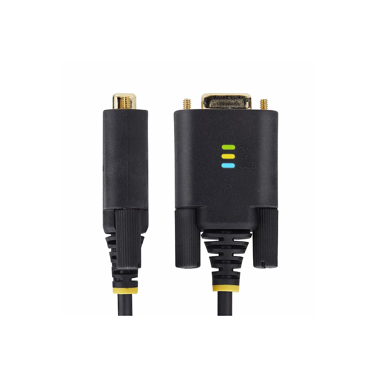 Ein schwarzes Kabel mit zwei Enden. Ein Ende hat einen USB-Anschluss, das andere einen Stiftanschluss. RX-, TX- und USB-Lichter sind sichtbar.