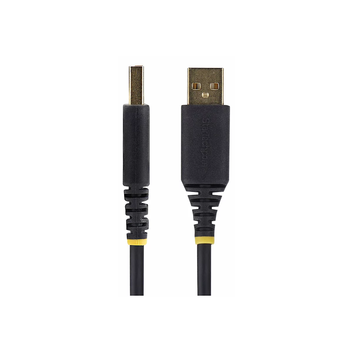 Ein schwarzes USB-Kabel mit goldenen Steckern. Der USB-Stecker hat zwei rechteckige Öffnungen. Die Kabelenden sind zylinderförmig und mit einer gelben Linie versehen.