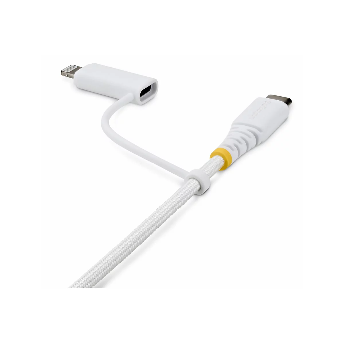 Câble de chargement blanc pour appareil Apple. Connecteur Lightning et connecteur USB-C, câble tressé avec anneau jaune.