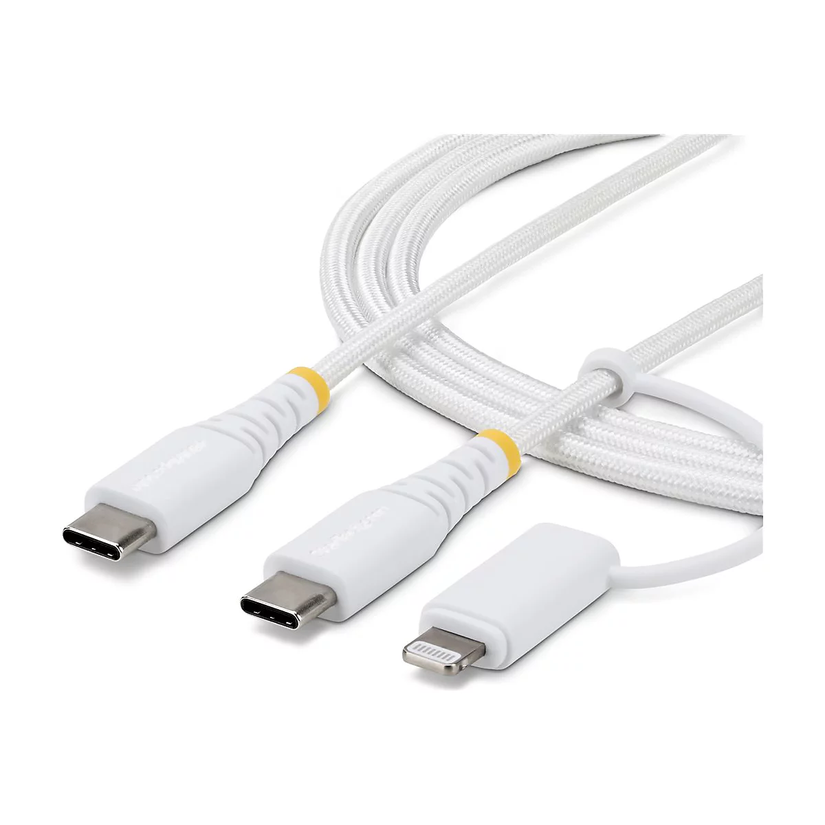 Câble USB-C vers Lightning blanc. Le câble a un aspect tressé et des accents jaunes.