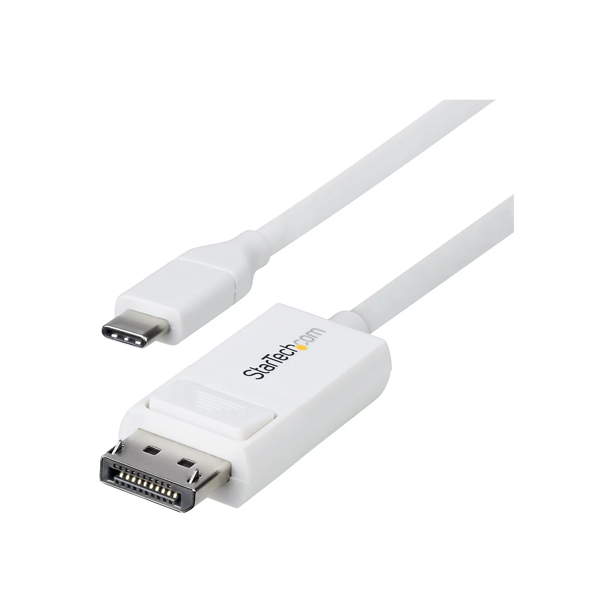 Câble USB-C vers DisplayPort blanc. StarTech.com est écrit sur le connecteur.
