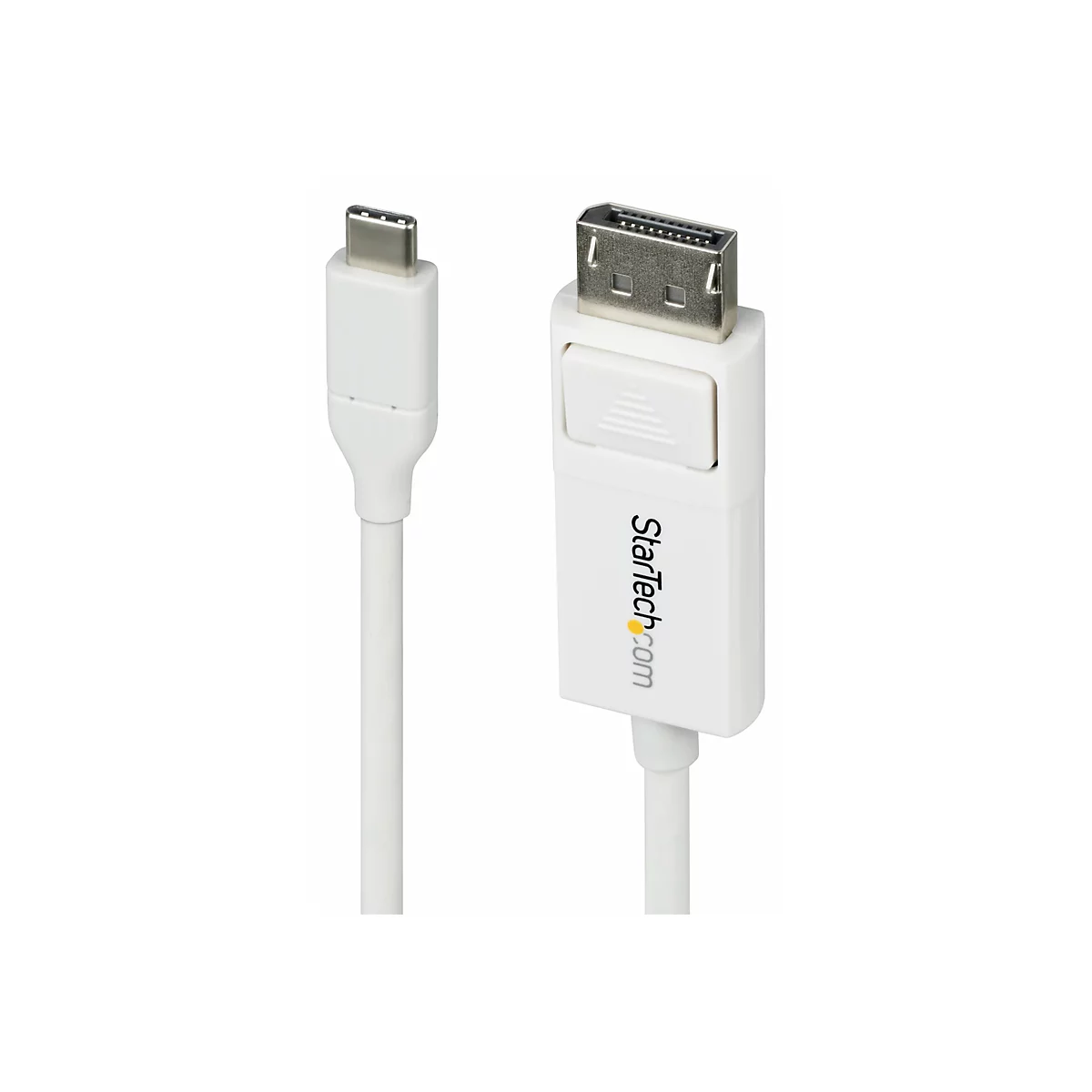 Un câble blanc avec deux connecteurs, l'un est un connecteur USB-C, l'autre un connecteur DisplayPort. StarTech.com est écrit sur le plus grand connecteur.