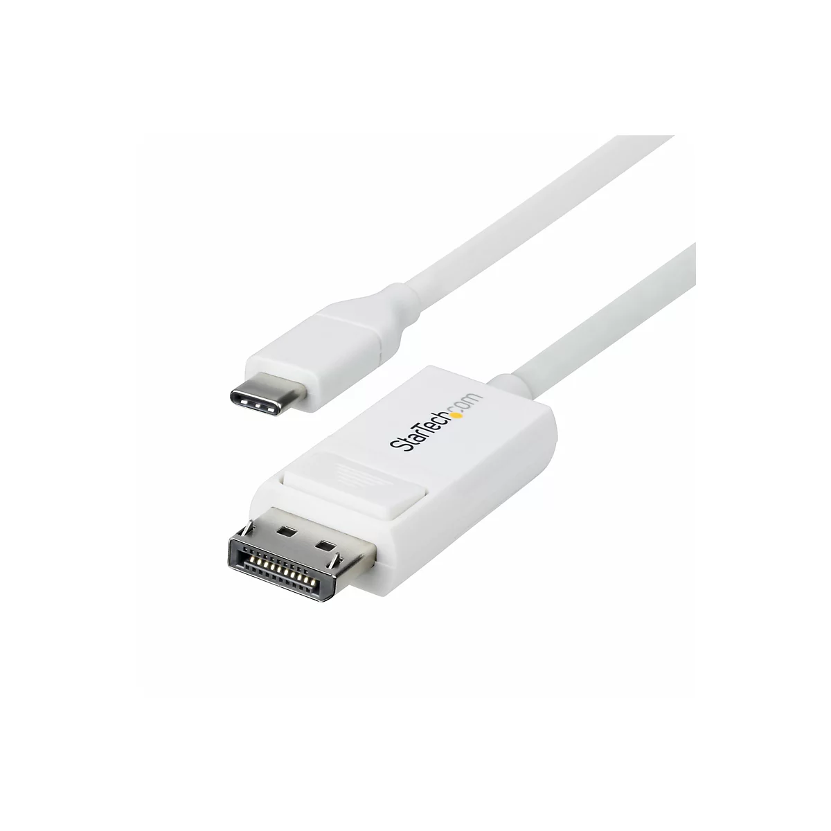 Câble USB-C vers DisplayPort blanc. Le connecteur indique StarTech.com.
