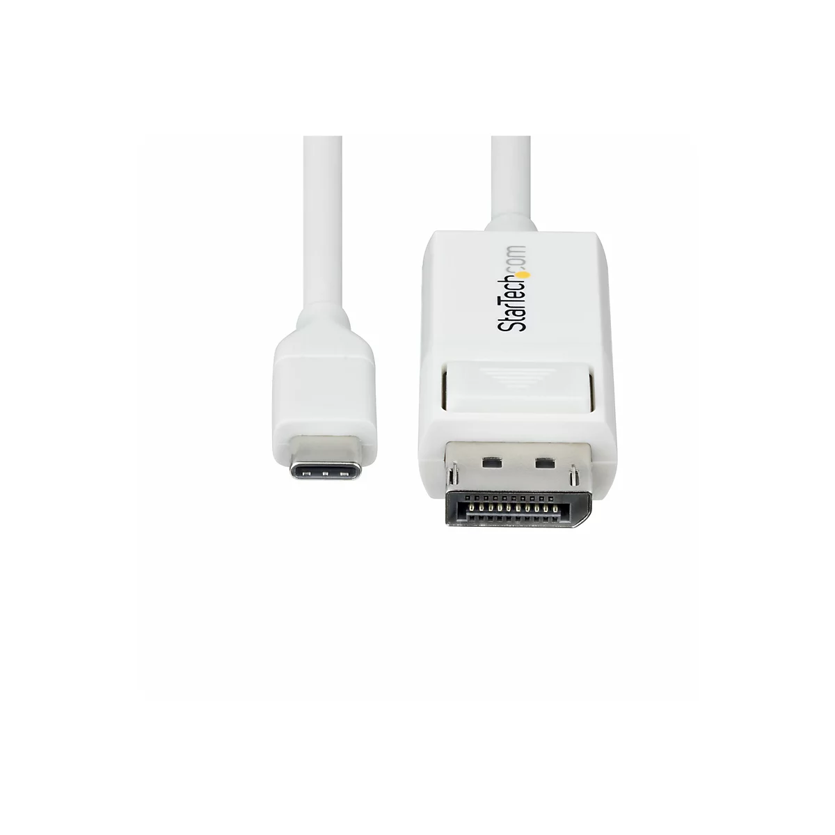 Câble USB-C vers DisplayPort blanc. Le connecteur indique StarTech.com.
