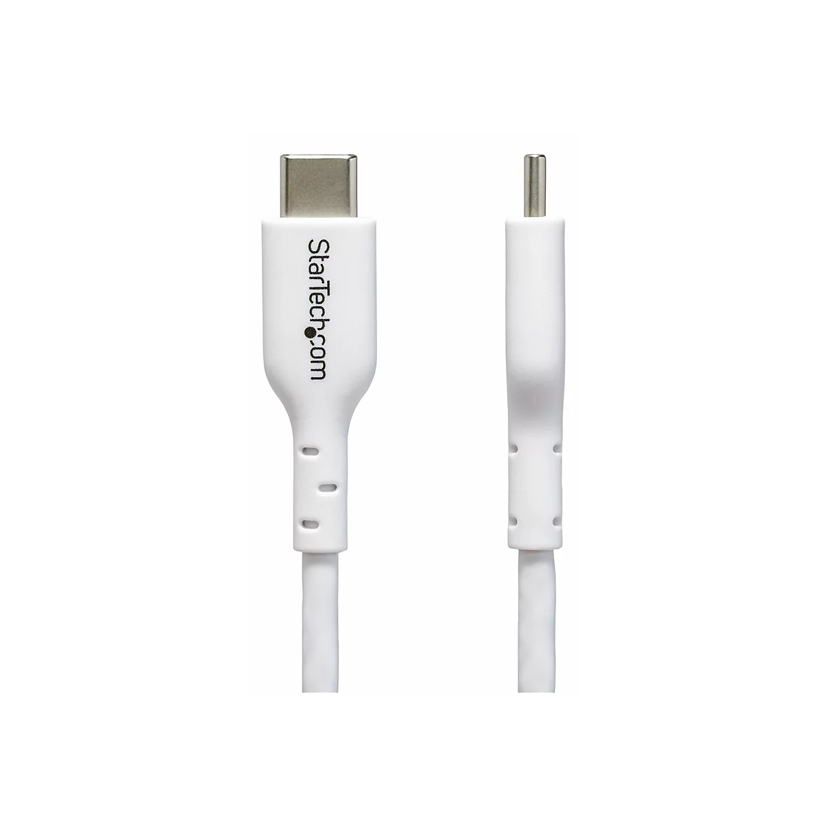 Câble USB-C blanc de StarTech.com. Les deux extrémités sont présentées en détail. Le connecteur USB-C à gauche est argenté. L'autre connecteur est une prise pour l'alimentation.