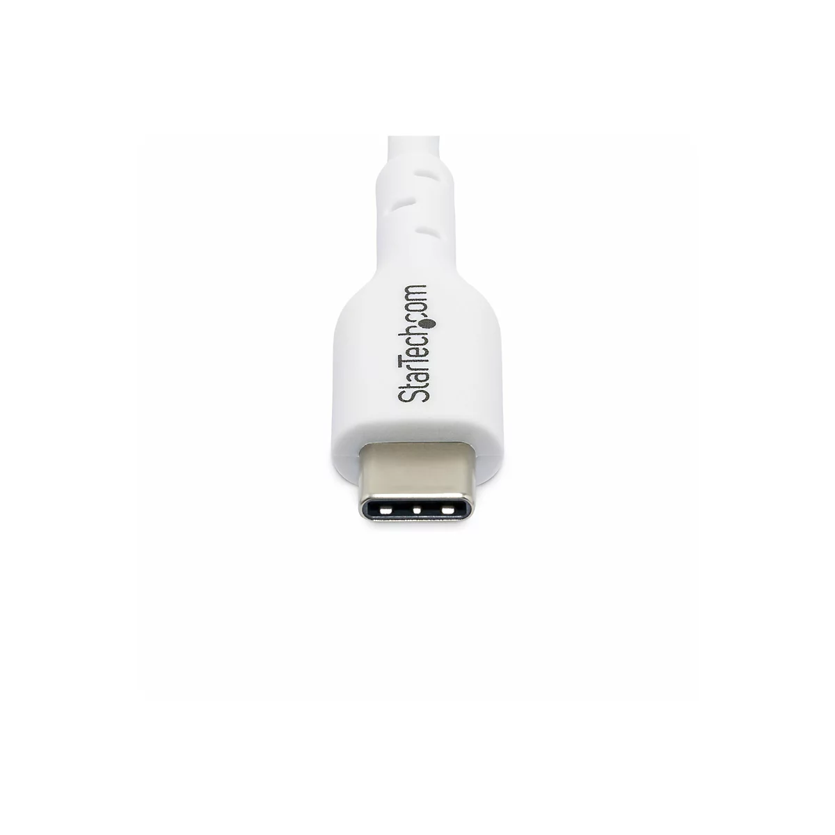 Gros plan sur un câble USB-C blanc. Le connecteur est en bas, le logo Startech.com est imprimé.