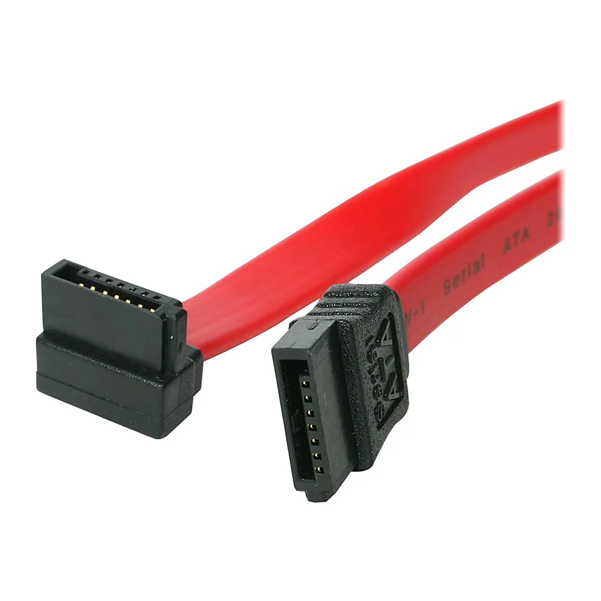 Ein rotes SATA-Kabel mit schwarzen Steckern. Auf einem Stecker steht "W-1 Serial ATA".