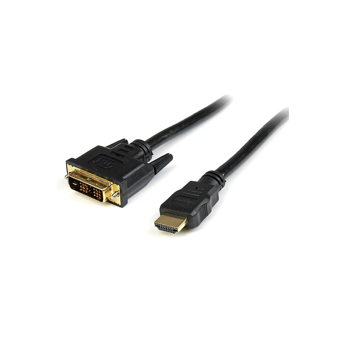 Ein schwarzes DVI-zu-HDMI-Kabel auf weißem Hintergrund. Der DVI-Stecker hat goldfarbene Kontakte, der HDMI-Stecker auch.