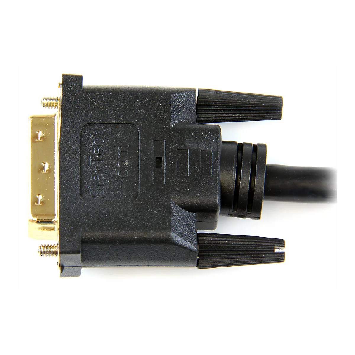 Nahaufnahme eines schwarzen DVI-Kabels mit vergoldeten Anschlüssen, StarTech.com Logo.