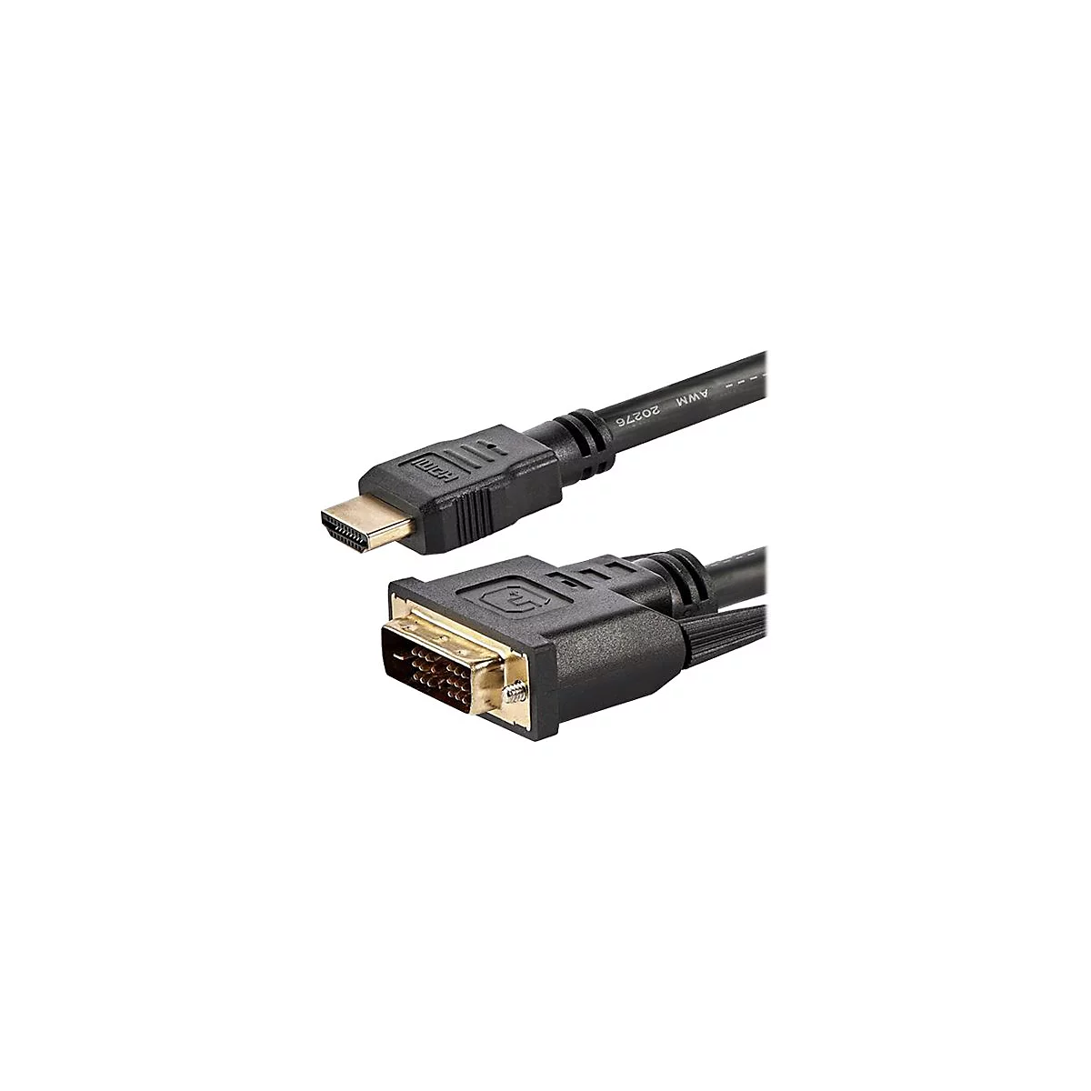 Ein HDMI-auf-DVI-Kabel mit schwarzen Steckern. HDMI-Anschluss oben, DVI-Anschluss unten. Kabelfarbe: Schwarz.