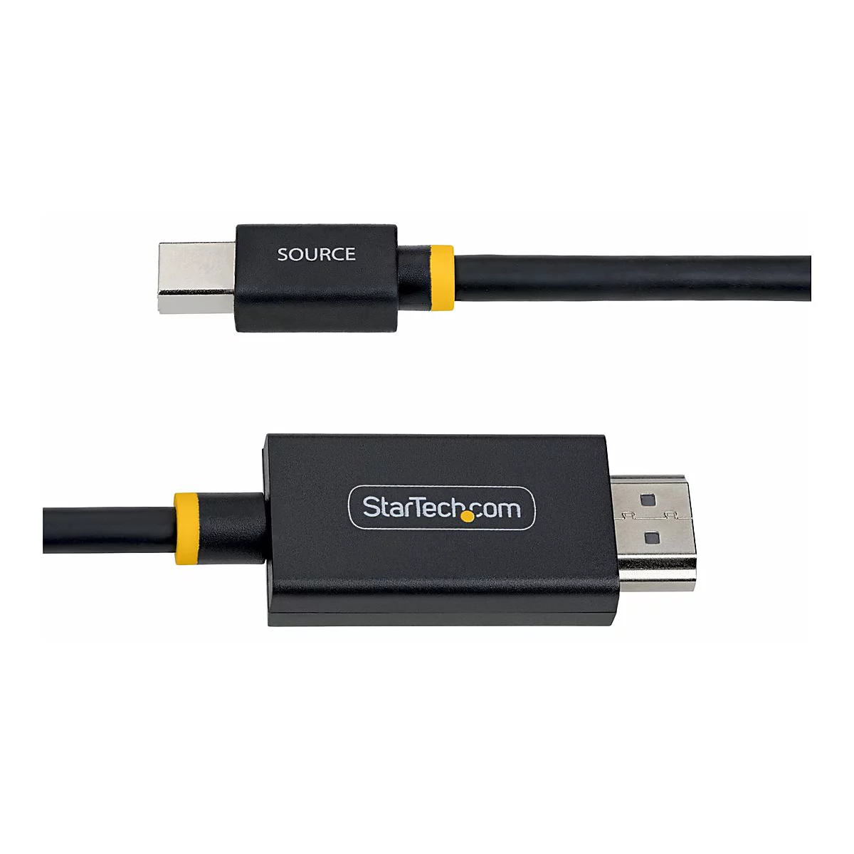 Câble HDMI noir avec connecteur USB-C, accents jaunes et logo StarTech.com.