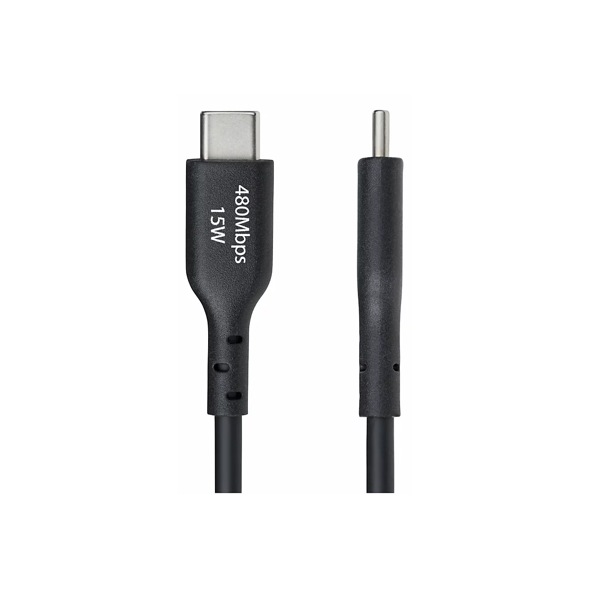 Câble USB-C noir avec texte : 480 Mbit/s 15 W.