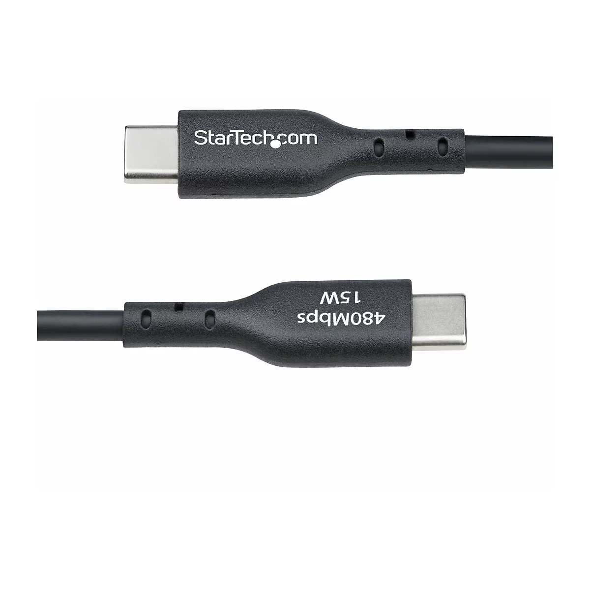 Deux câbles USB-C noirs ; un avec le texte StarTech.com, un avec 480 Mbit/s et 15 W.