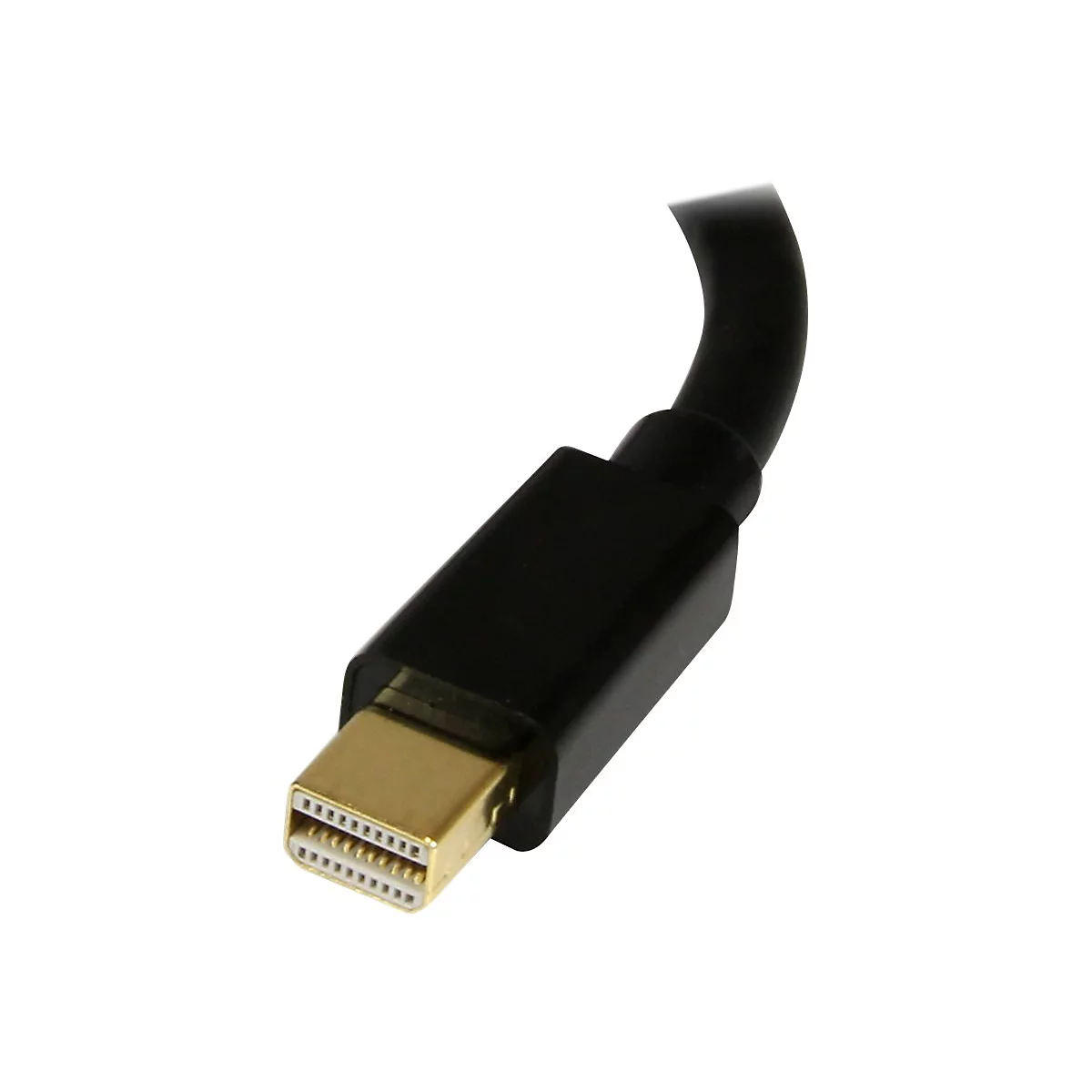 Nahaufnahme eines schwarzen Mini-Displayport-Kabels mit goldfarbenem Stecker, isoliert auf weißem Hintergrund.