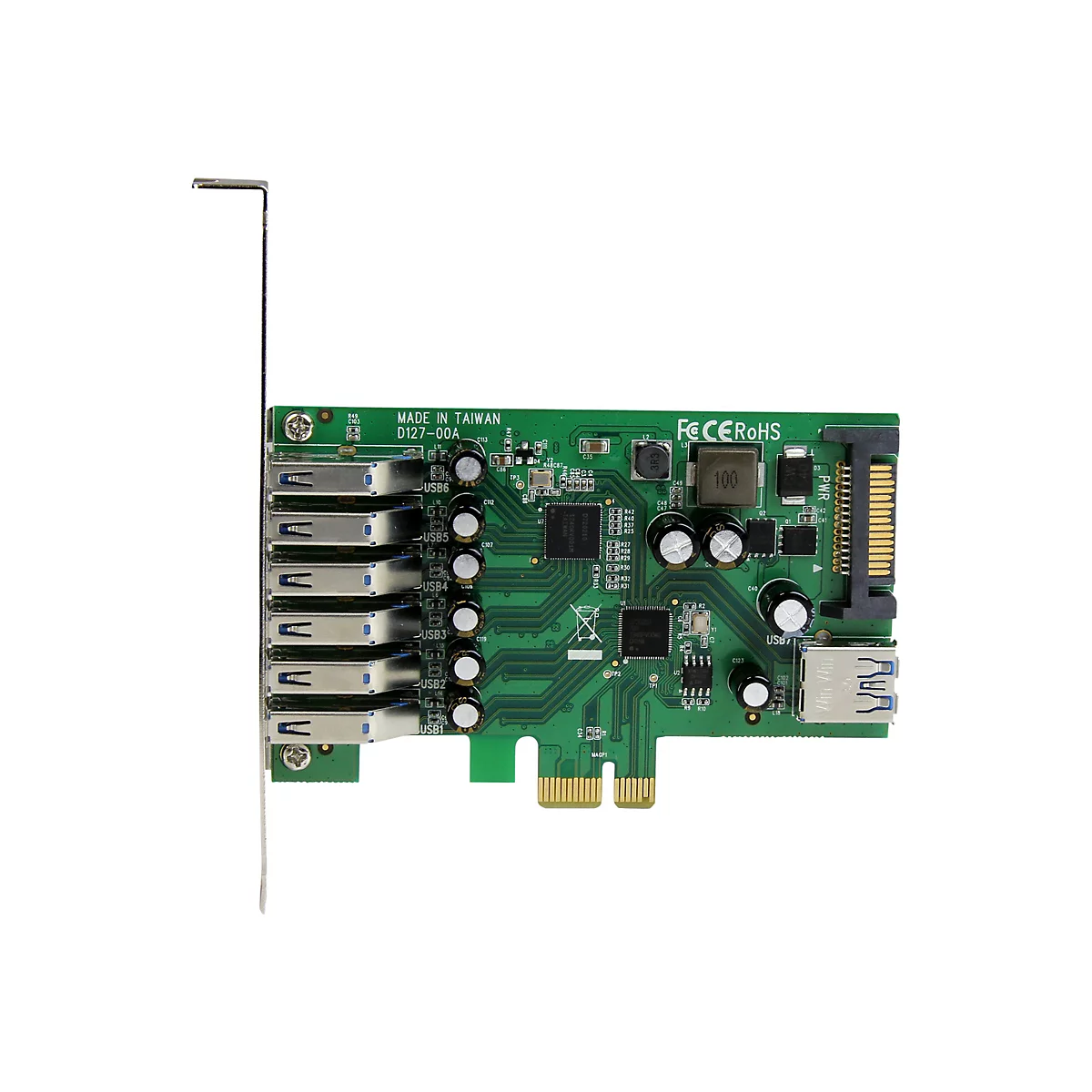 Grüne PCIE-Karte mit mehreren USB-Anschlüssen, Beschriftung mit technischen Daten, weißer Hintergrund.