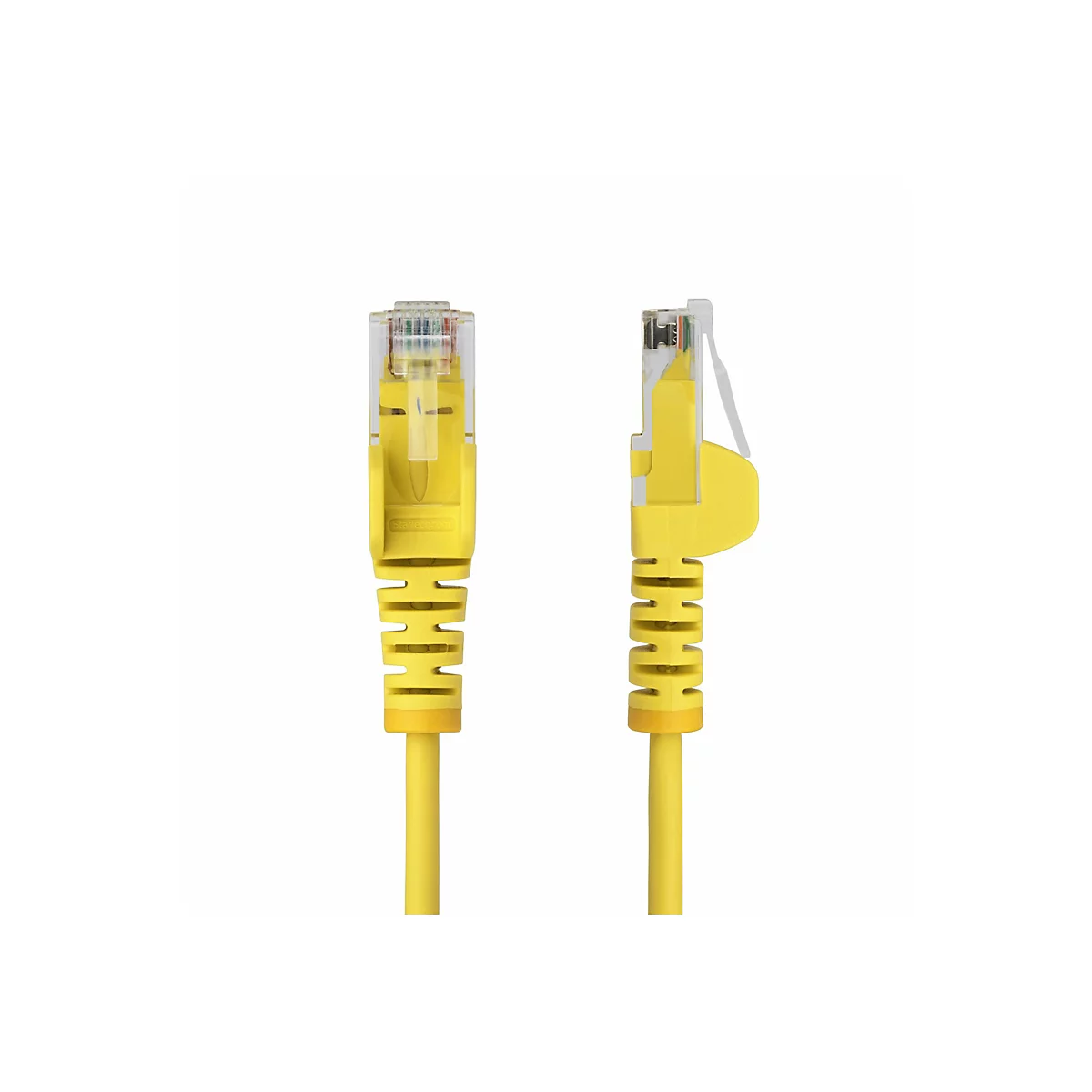 Gelbes Ethernet-Kabel, zwei Ansichten: Stecker und Kabel. Transparente Plastikverbindung, StarTech.com Logo.