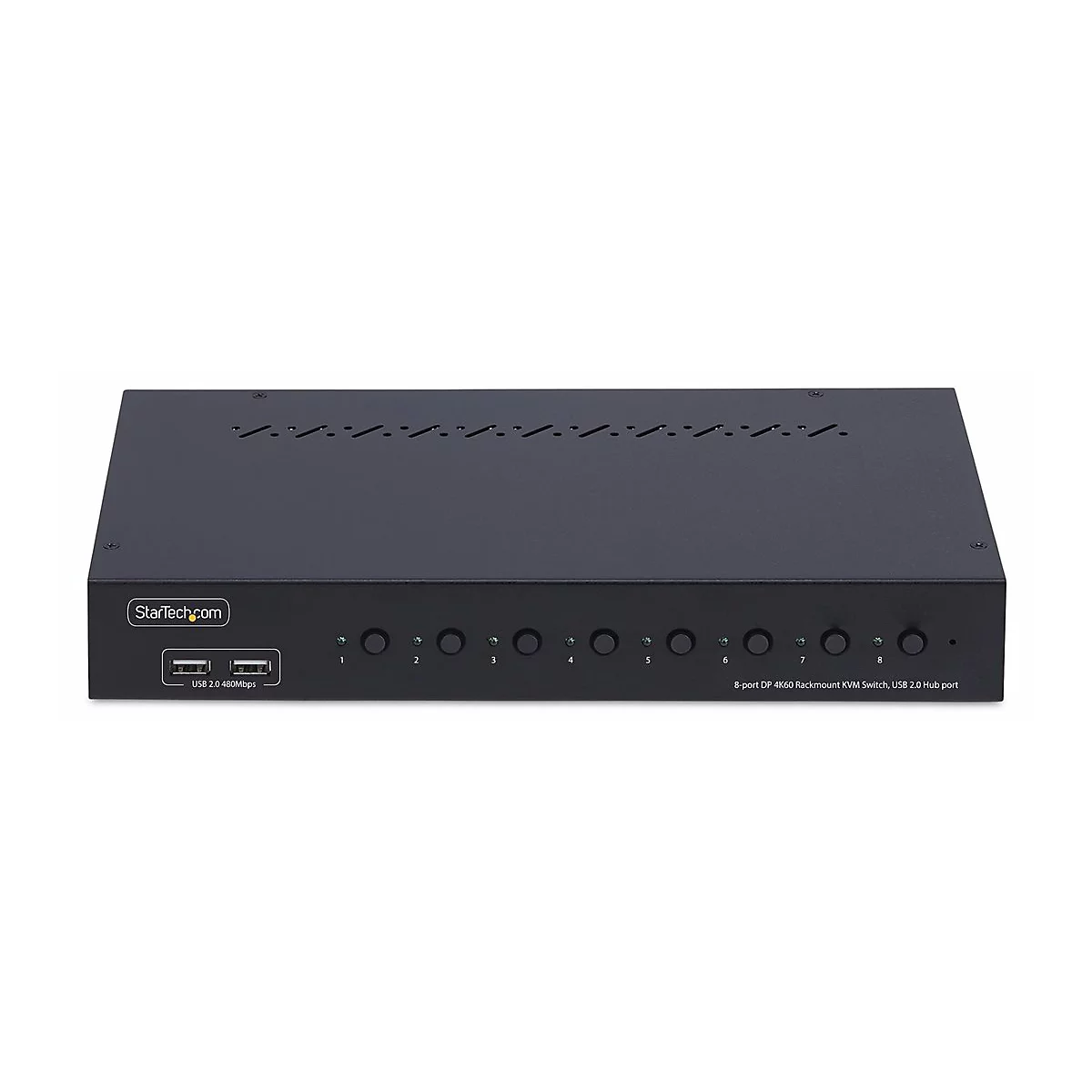 Commutateur KVM noir et rectangulaire avec logo StarTech.com, ports USB et 8 boutons de port.