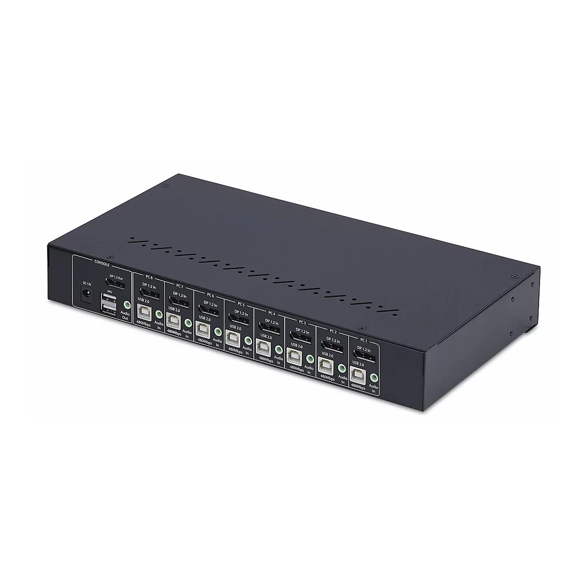 Commutateur noir avec ports pour plusieurs appareils.