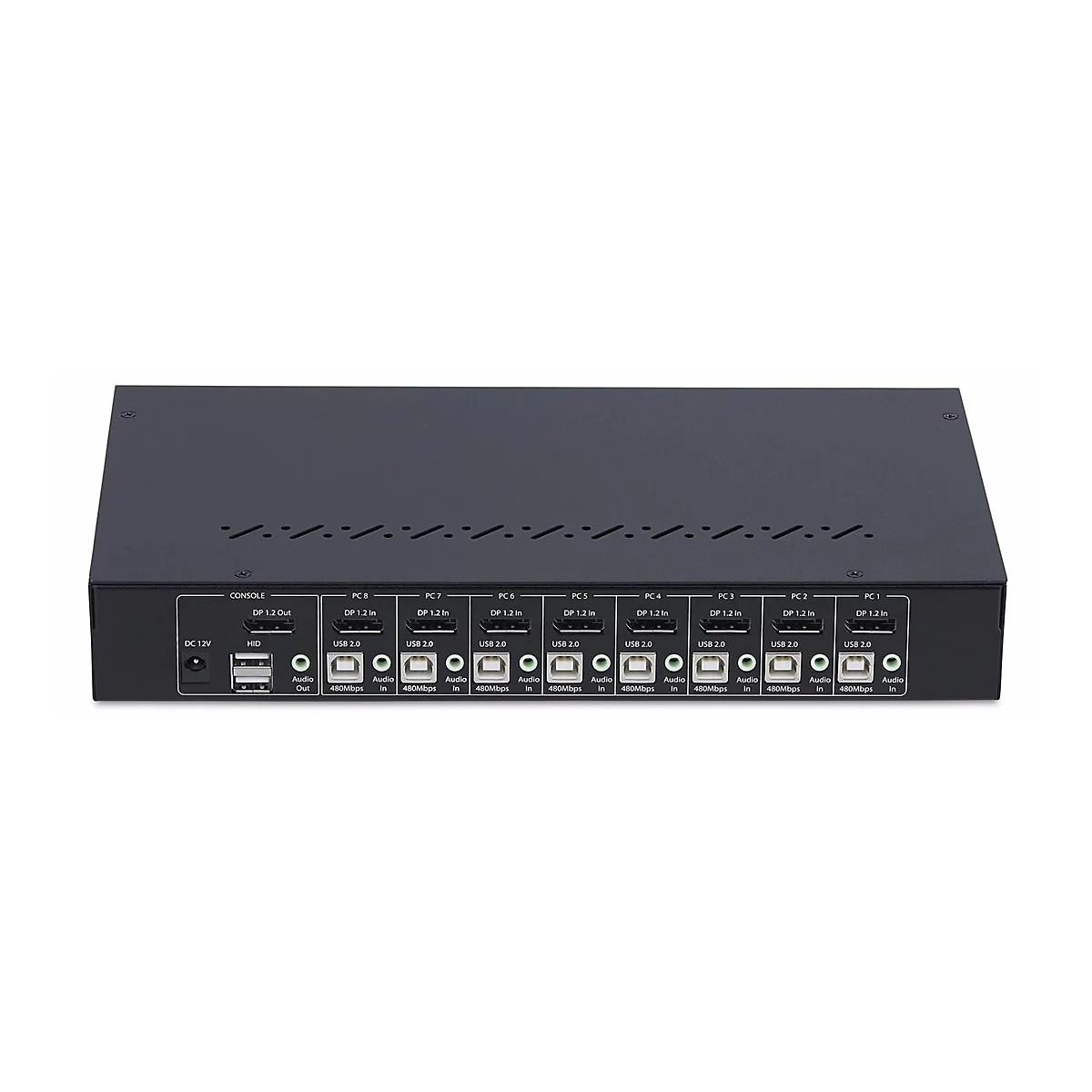Commutateur KVM noir avec de nombreux ports pour moniteurs, USB et audio.