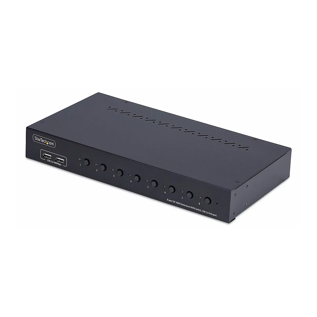 Commutateur KVM noir de StarTech.com avec ports USB, huit boutons de sélection et étiquetage du produit.