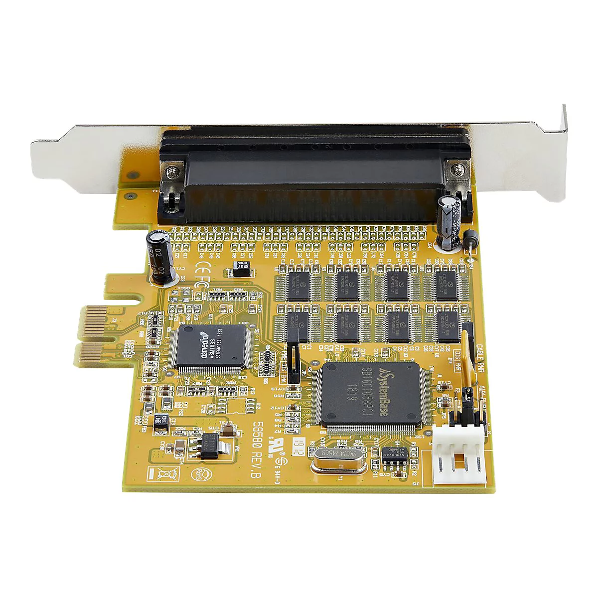Eine gelbe Computer-Erweiterungskarte mit Chips und AnschlÃ¼ssen, auf weiÃŸem Hintergrund.