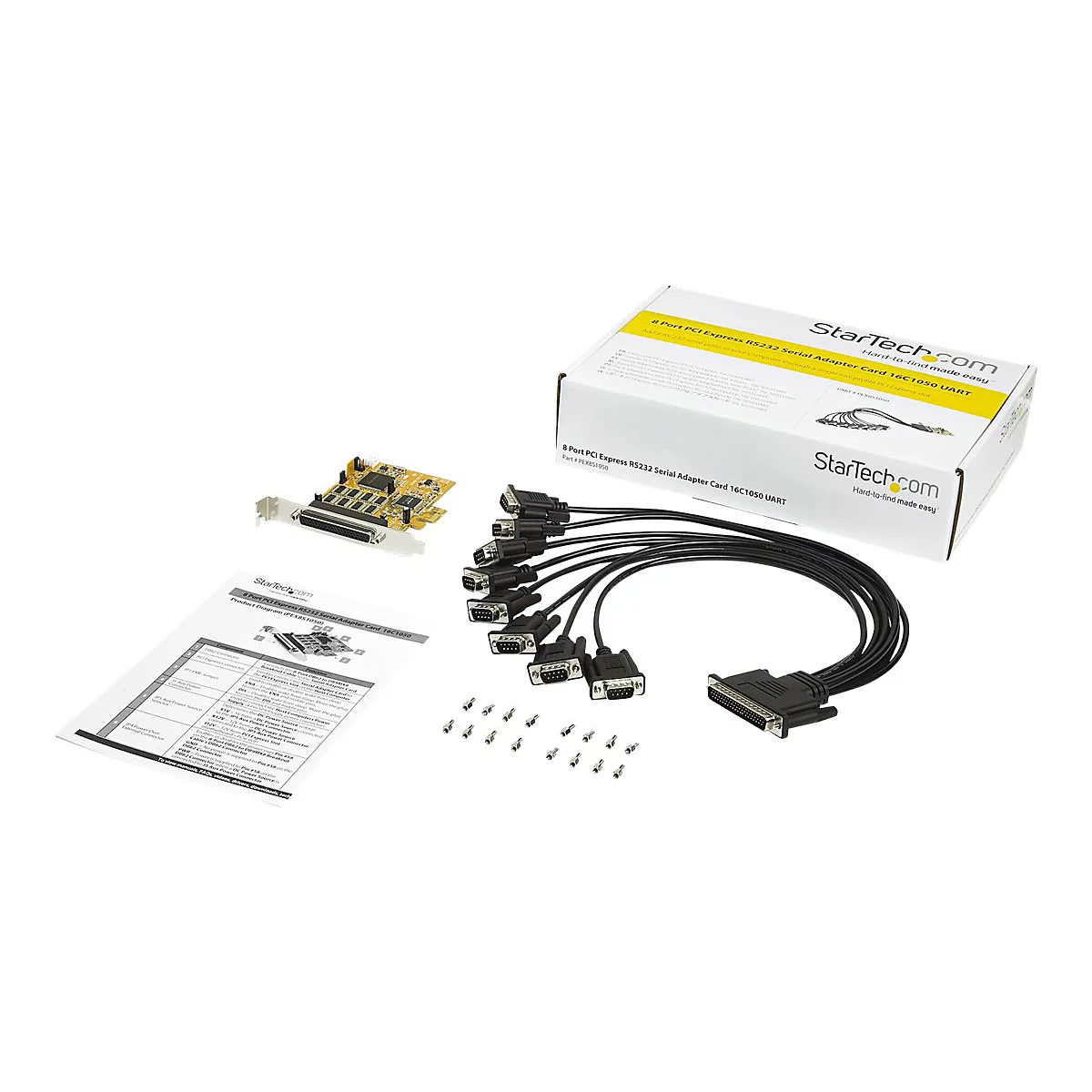 Eine Produktabbildung mit einem schwarzen Kabel-Set, einer Karte, Schrauben, einer BroschÃ¼re und einer Box.