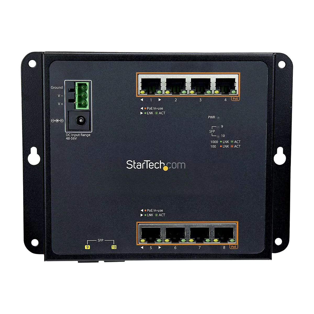 Schwarzer Netzwerk-Switch mit Anschlüssen, LED-Anzeigen und der Aufschrift "StarTech.com".
