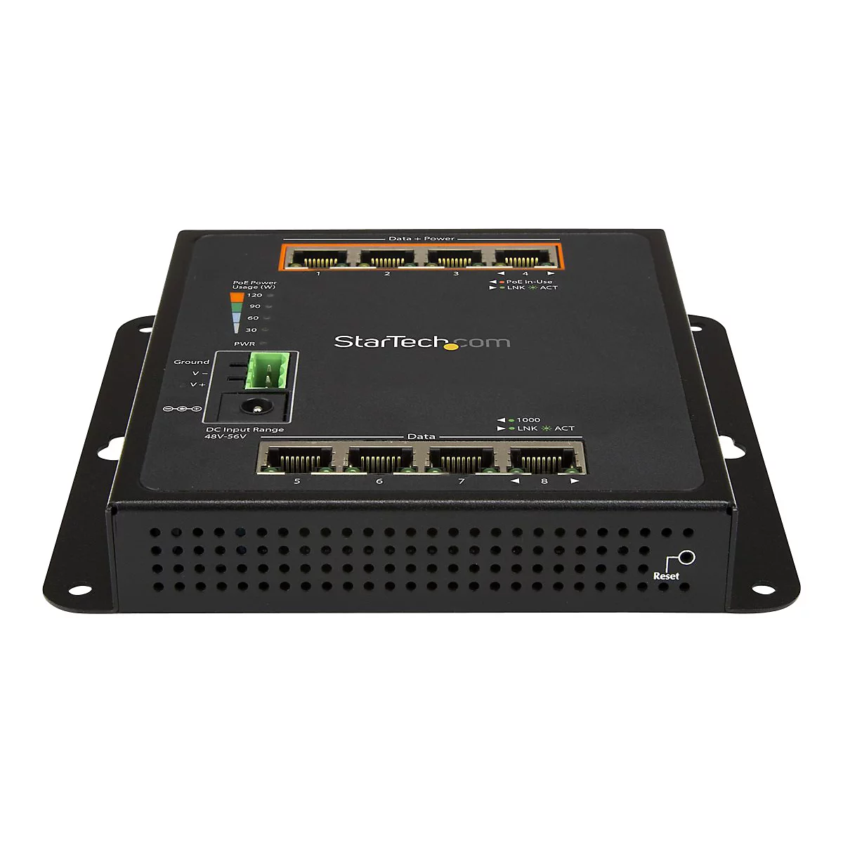 Commutateur réseau noir avec ports et indicateurs. Le logo StarTech.com est clairement visible. Ports pour données et alimentation.