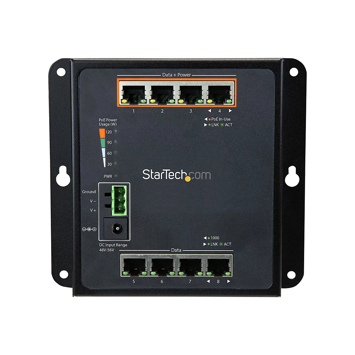 Schwarzer Netzwerkswitch mit Ports und Anzeigen. Oben: 4 Ports, Beschriftung "Data + Power". Unten: 4 Ports, Beschriftung "Data". Logo StarTech.com.