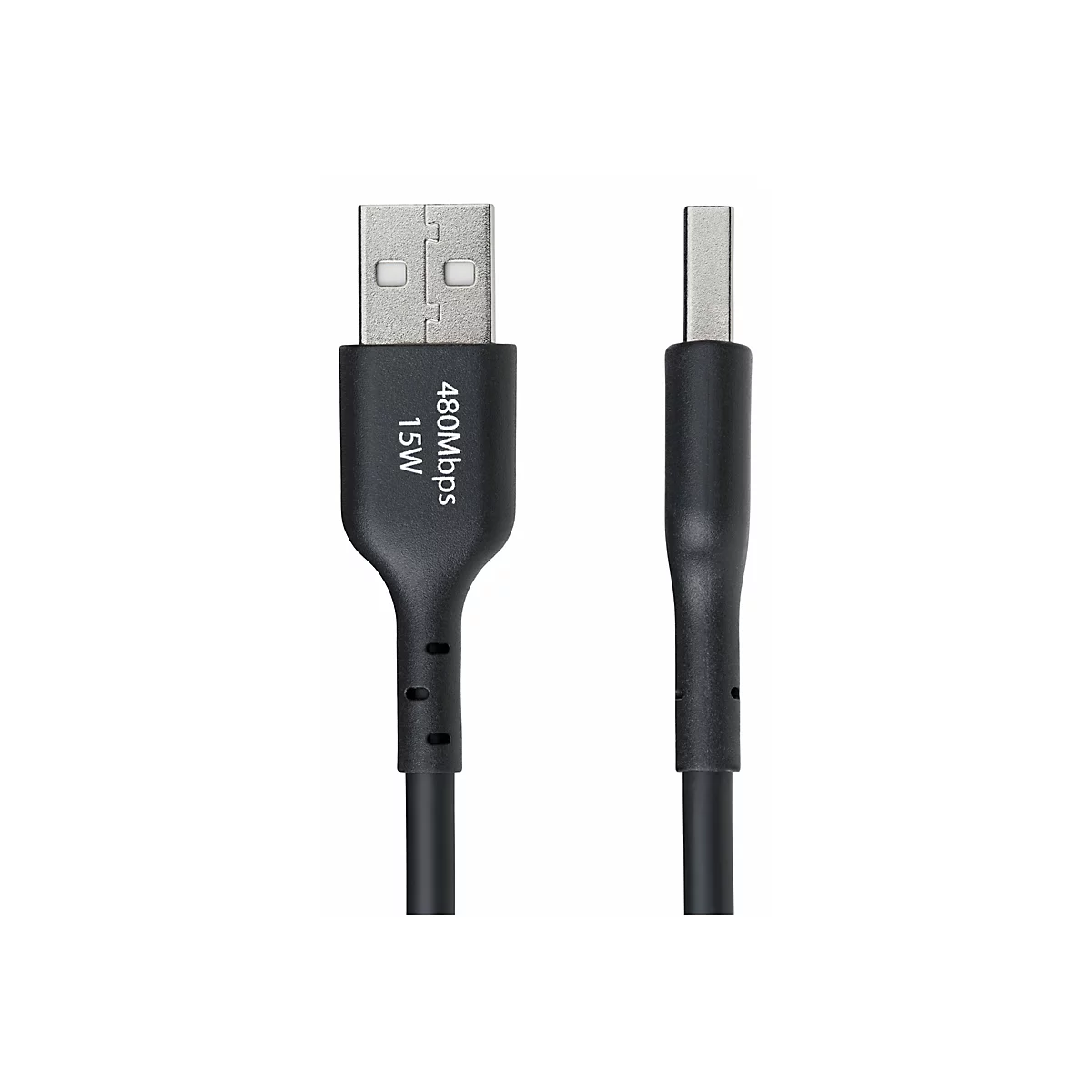 Un câble USB noir avec des connecteurs USB-A et USB-C. Le connecteur USB-A indique '480Mbps 15W'.