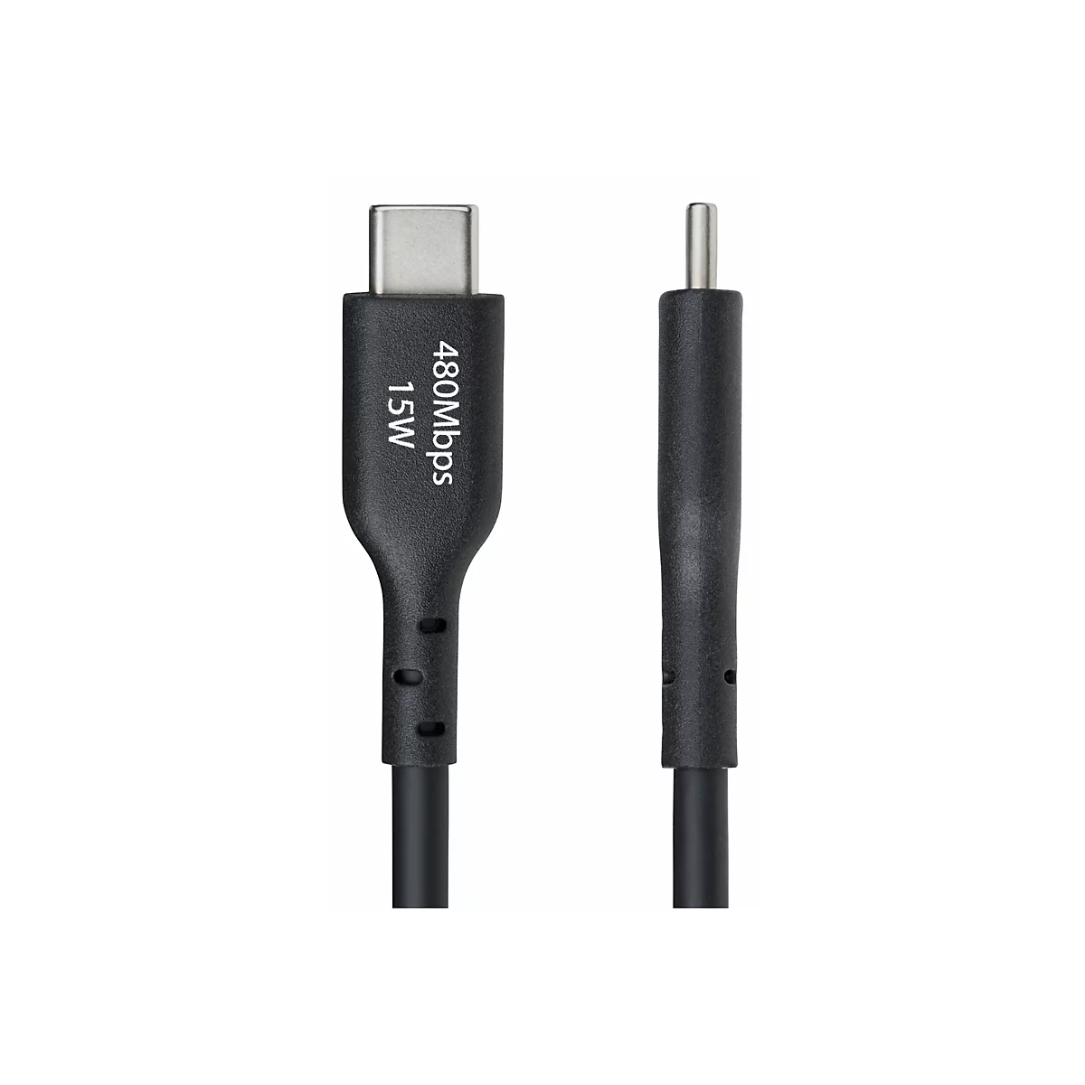Un câble USB-C noir avec le texte : 480 Mbps 15W.