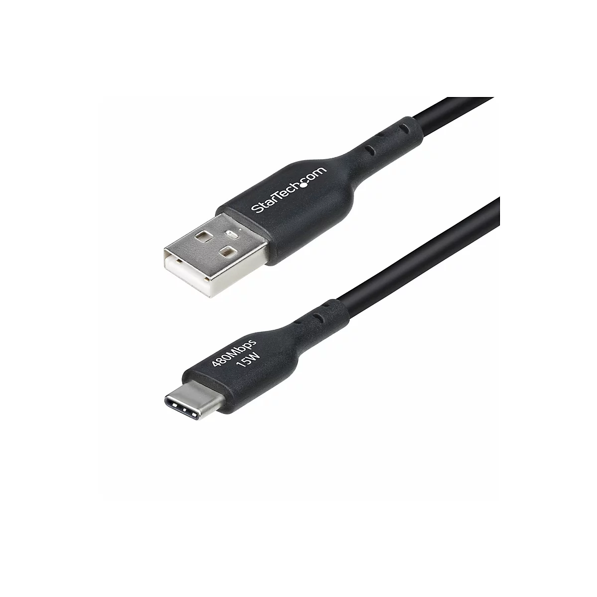 Câble USB noir avec connecteurs USB-A et USB-C. StarTech.com est écrit sur l'une des fiches et 480Mbps 15W sur l'autre.
