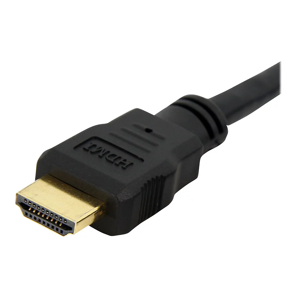 Nahaufnahme eines schwarzen HDMI-Kabels mit goldenem Anschluss. Der Schriftzug "HDMI" ist auf dem Stecker zu sehen.