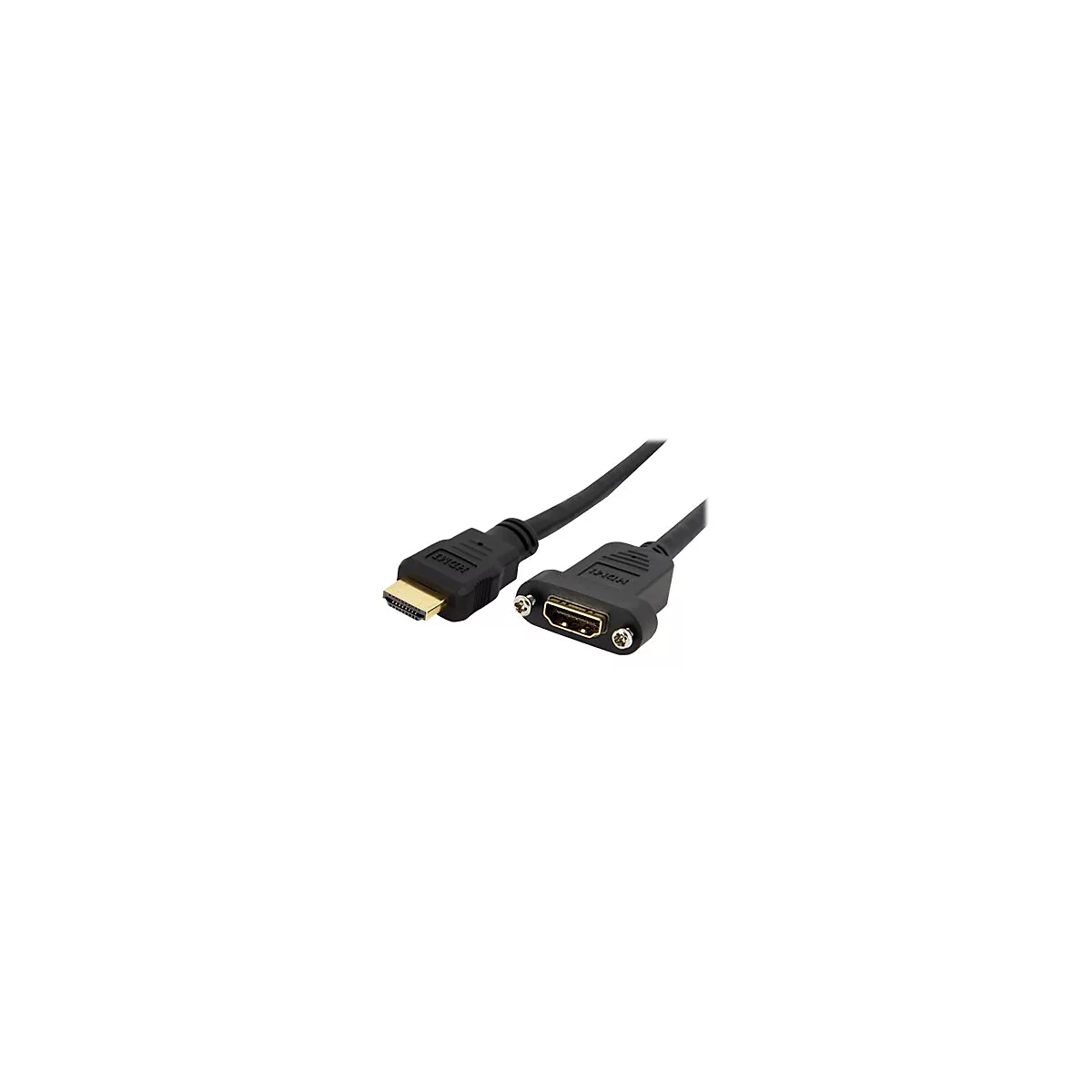 Ein schwarzes HDMI-Kabel mit Steckern an beiden Enden. Ein Stecker mit goldenen Pins, der andere mit Schrauben.