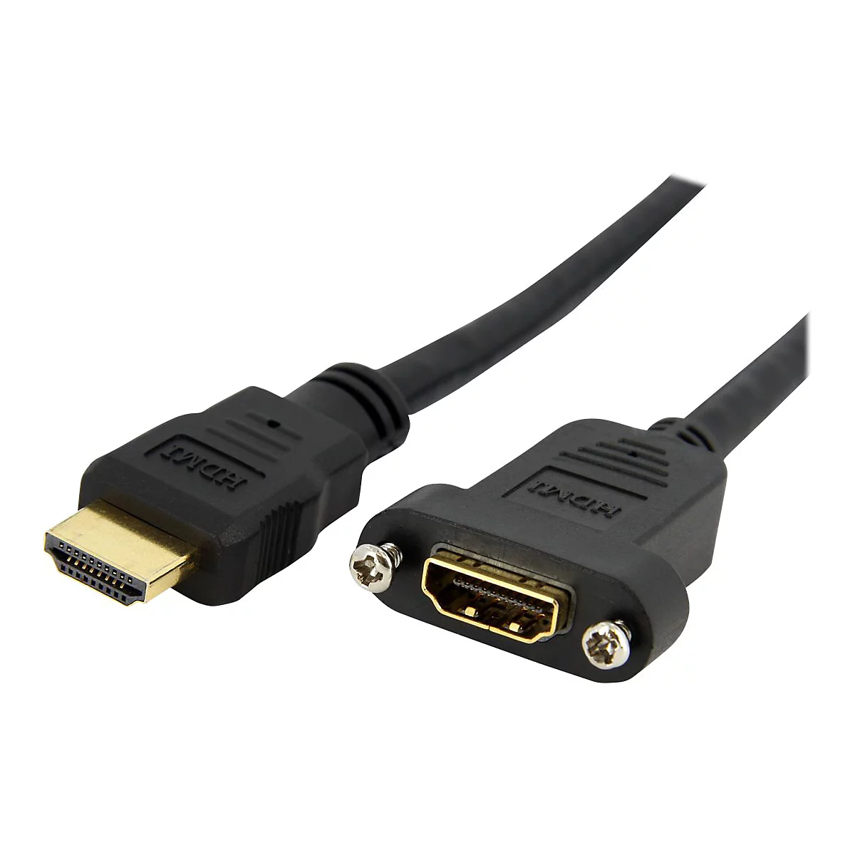 Schwarzes HDMI-Kabel mit Steckern; goldfarbene Kontakte.
