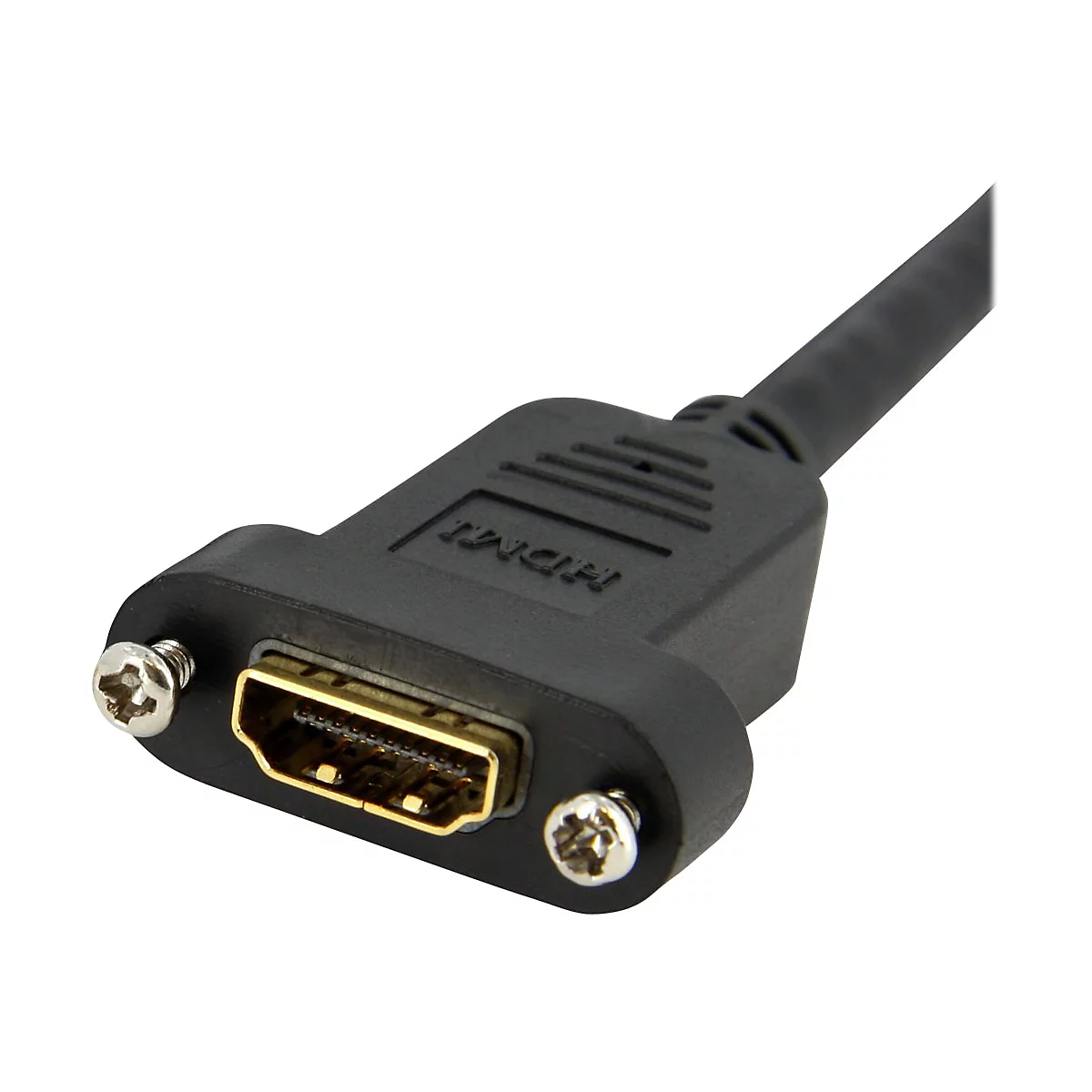 Nahaufnahme eines schwarzen HDMI-Anschlusses mit goldenem Innenleben und Schrauben.