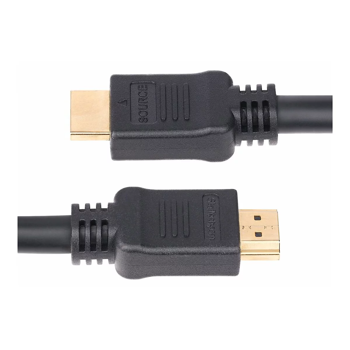 Deux câbles HDMI noirs avec des connecteurs dorés, avec les inscriptions "Source" et "StarTech.com".
