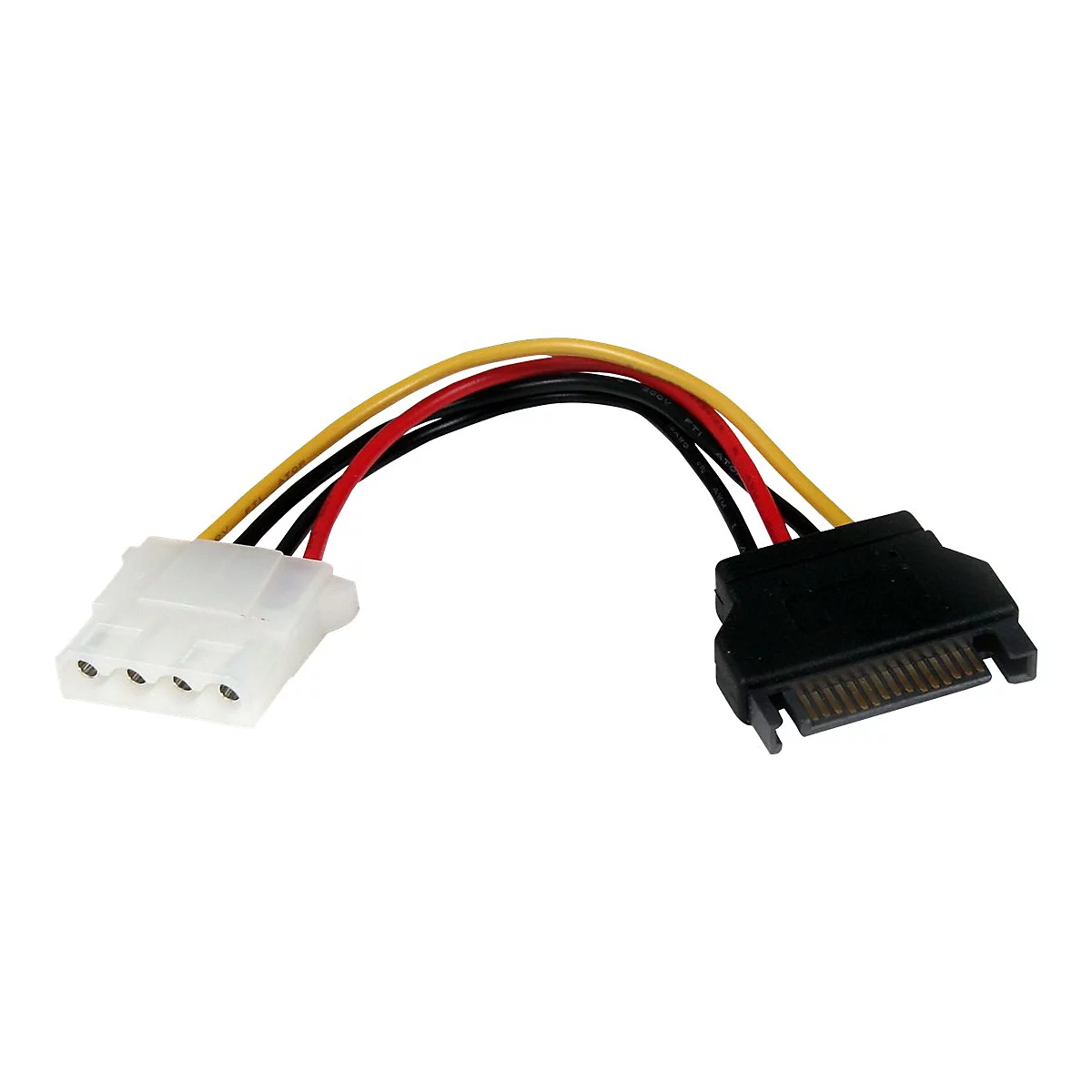 Un câble adaptateur d'alimentation SATA. Sur fond blanc. Connecteur noir, connecteur blanc avec fils jaunes, rouges et noirs.