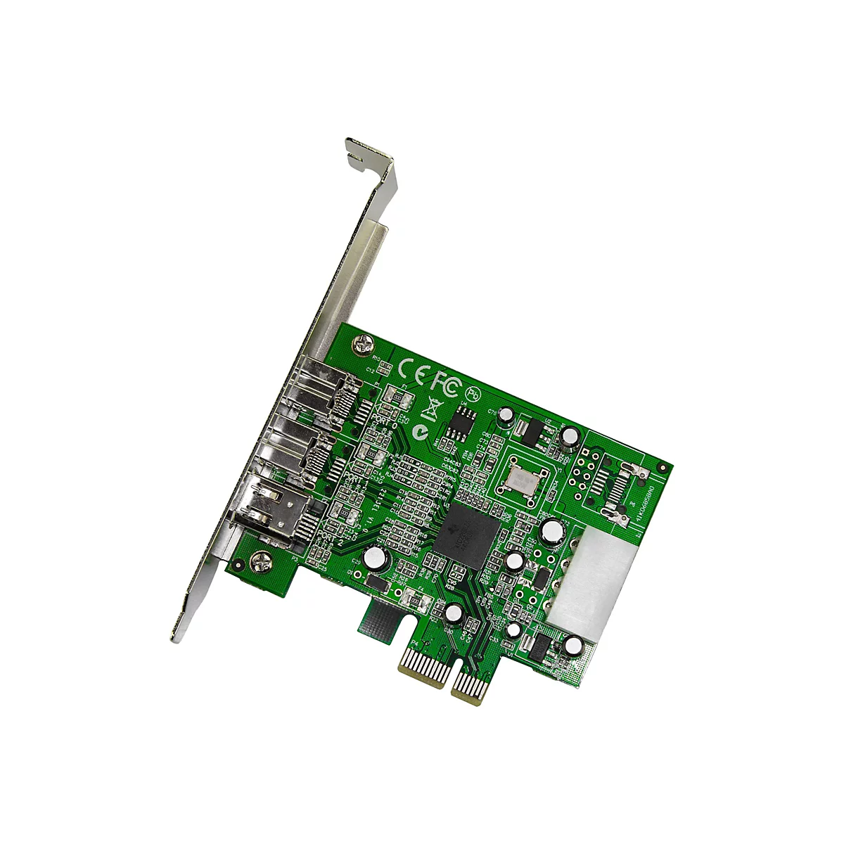 Une carte d'extension PCI verte avec des ports, des puces et un support, en diagonale sur un fond blanc.