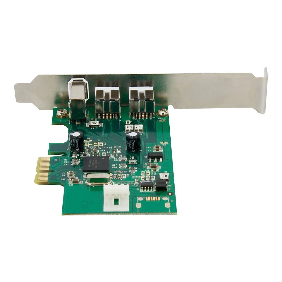 Une carte d'extension PC verte avec trois ports USB et un support métallique sur fond blanc.