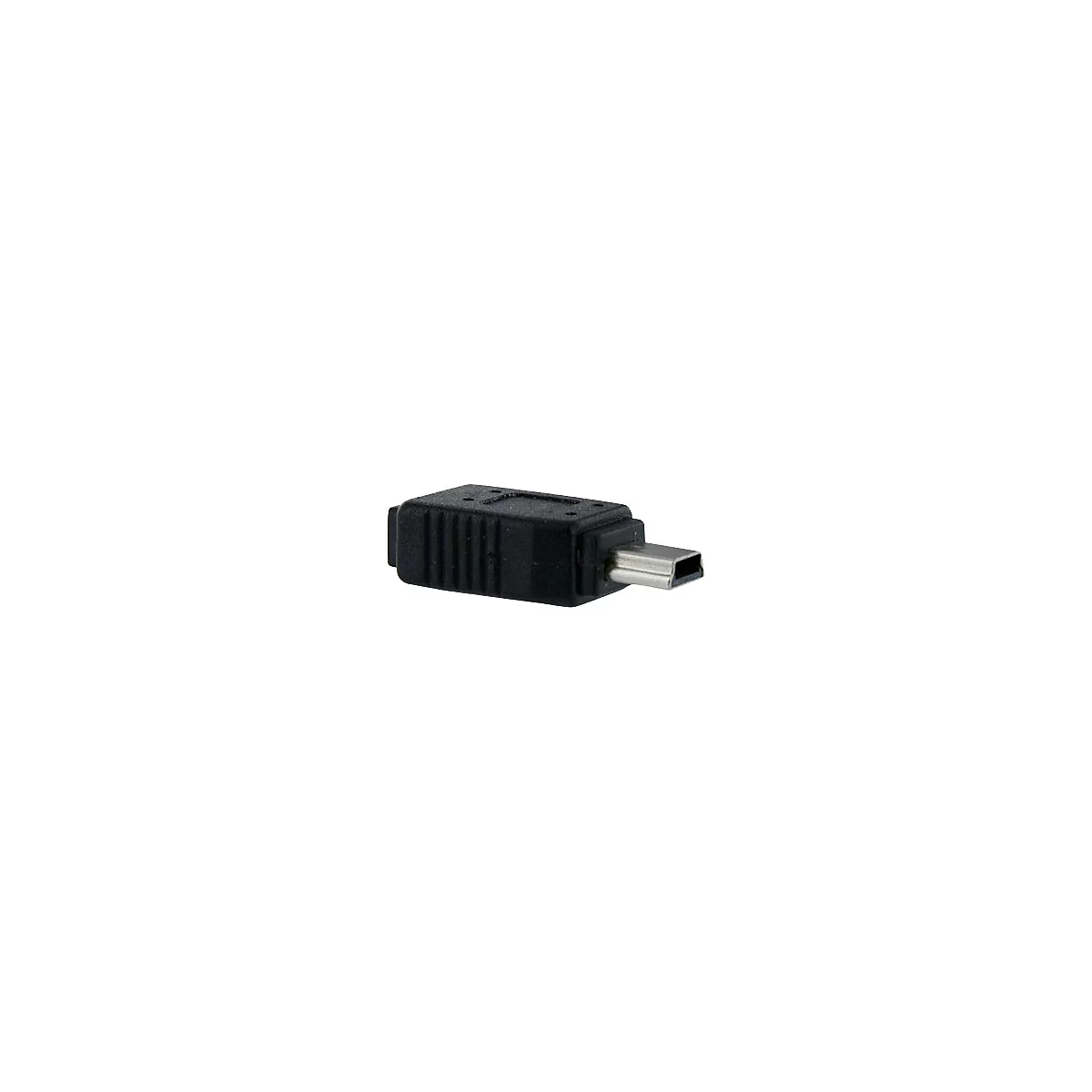 Adaptateur mini USB noir avec connecteur argenté sur fond blanc.